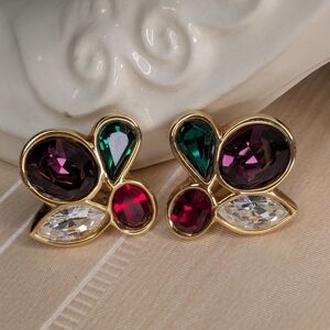 Vintage Swarovski Crystal Earrings SAL Signed Purple, Red, Green, Clip-on Style